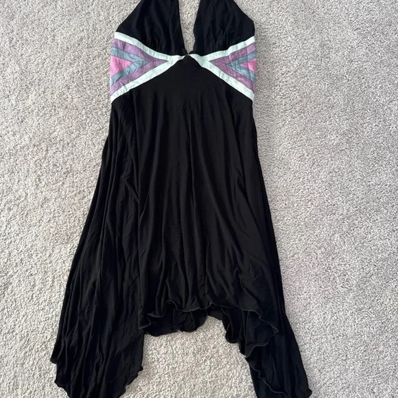 Vntg Bebe Halterneck Black Dress Satin Accents Size M Asymmetrical Babydoll Y2K - Picture 1 of 9